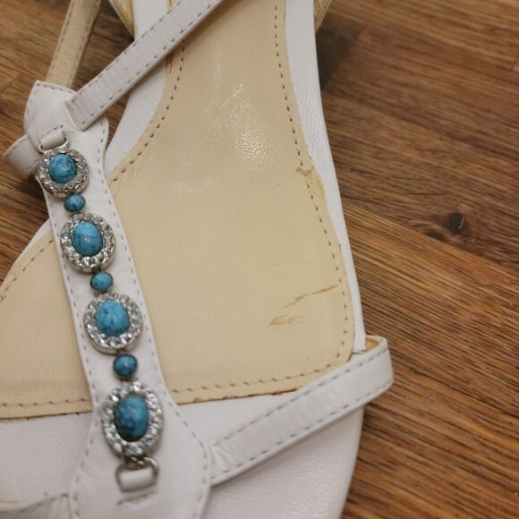Aerosoles 7M Women's White Sandals Kitten Heel Strap Open-Toe Turquoise Beads - Picture 8 of 11